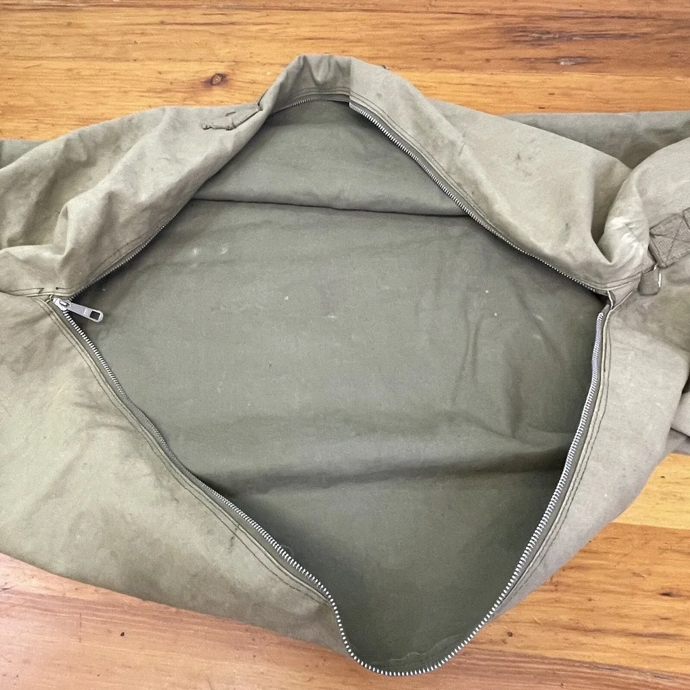 Vintage Canvas Duffel Bag Metal Zipper Side & End Handles No. 189 Stencil 37x11